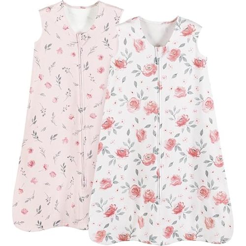 PHF 100% Cotton Baby Sleep Sack, 6-12 Months Wearable Baby Blanket, 2-Way Zipper Infant Sleeping Sack for Baby Girls, 2 Pack Comfy Medium Size Sleeveless Sleeping Bags, Pink Floral