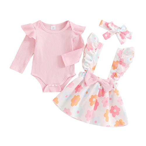Baby Girls 3Pcs Fall Outfit Long Sleeve Ribbed Romper + Bow Suspender – August + Willow