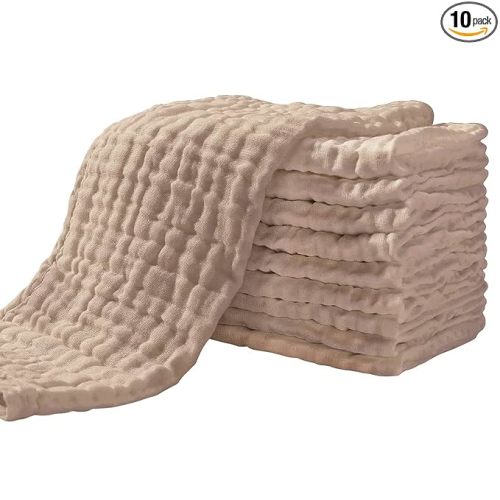 Yoofoss Muslin Burp Cloths for Baby 10 Pack 100% Organic Cotton Baby Washcloths for Boys Girls Large 20''X10'' Super Soft and Absorbent Brown