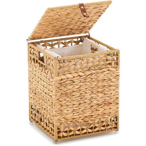 Handwoven Laundry Hamper with Lids and Removable Liner Bag, Natural Water Hyacinth Laundry Basket with Ventilated Design, Boho Style Storage Bin for Clothes or Home Organization