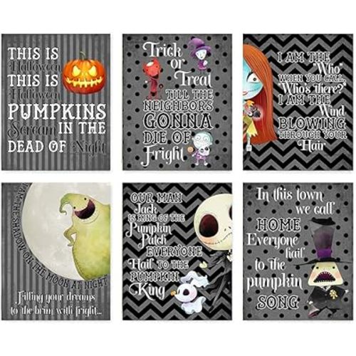 Nightmare Before Christmas Themed Character Wall Art Decor (Set of Six) Halloween Song Lyrics Prints Picture Hanging Decoration Posters Sign