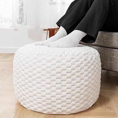 Round Modern Foam Filled Stuffed Pouf Ottoman 20x20x12 Inches Plush Fiber Ottoman Foot Rest Under Desk Foot Stool Great for Living Room Bedroom Small Furniture (Ivory Pouf with Filler)
