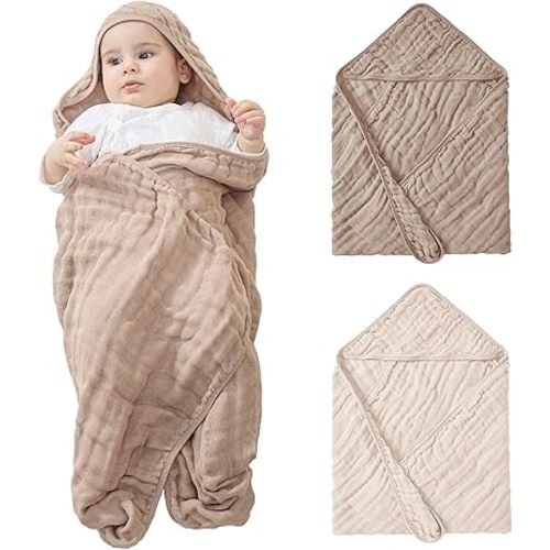 JELLYMONI Muslin Baby Hooded Bath Towels for Newborn, 2 Pack 100% Cotton Baby Bath Towel with Hood for Baby, Infant, Toddler and Kids, Large 32 x 32 Inch Baby Bath Towels Soft and Absorbent