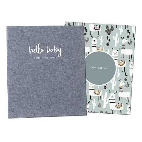 Peachly Minimalist Baby Memory Book | First Year Keepsake for Milestones | Simple Scrapbook for Boy or Girl | 60 Pages Grey Linen - Scandi