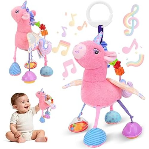 Car Seat & Stroller Toy for Girl - Musical Sensory Plush with Rattle & Mirror Baby Toys 0-12 Months Hanging Travel Carseat Toys Soft Squeaky Stuffed Animal Unicorn for Babies Gifts