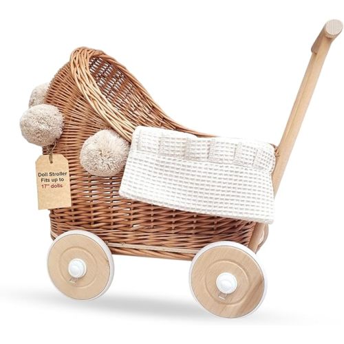 Natural Rattan Doll Stroller - Hand Made in Europe - Fits 17" Dolls & Plush Toys - Wicker Doll Pram & Baby Walker - Perfect for Imaginative Play | Natural with White Waffle Fabric Bedding