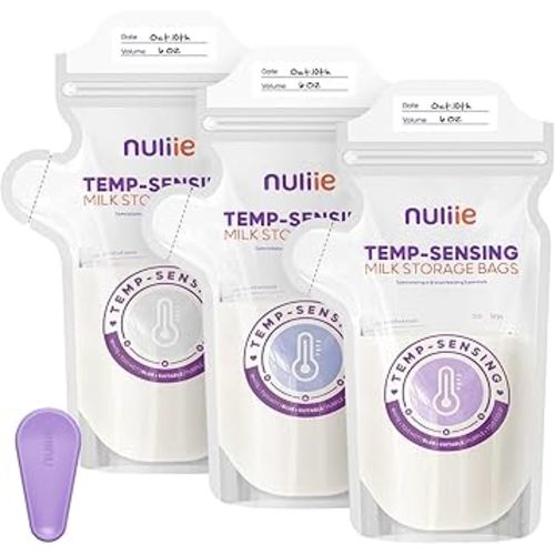 Nuliie 150pcs Temp-Sensing Breastmilk Storage Bag, Huge Temp-Sensing Icon & Locking Clamp, 6oz Breast Milk Storage Bags Freezer Pour Spout, Self Standing Milk Storage Bags Breastmilk, BPA-Free No-Leak