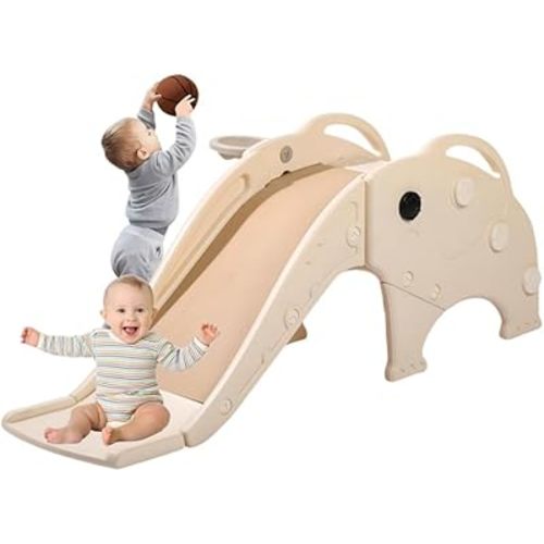Artistic Elephant Indoor Slide for Toddlers Age 1-3, Indoor and Outdoor Playground, Toddler Climber Playset with Basketball Hoop