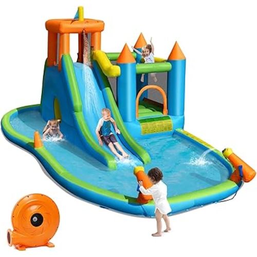 GLACER Kids Inflatable Slide Bouncer, Inflatable Bounce House Castle Jumper w/ 8 Play Areas, Outdoor Blow Up Bouncer for Yard, Garden, Park and Lawn (8 in 1 with 735w Blower)