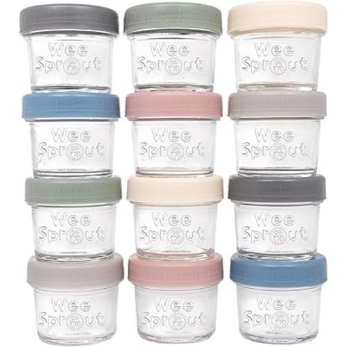 WeeSprout Glass Baby Food Storage Jars w/Lids (4 oz, 12 Pack Set) Snack, Puree, Reusable Small Containers, Breast Milk, Fridge or Freezer, Microwave & Dishwasher Safe, Essential Must Have for Infants