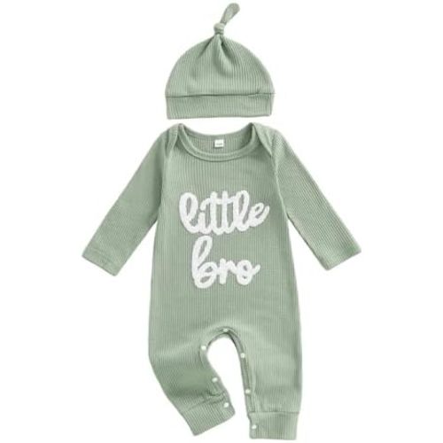 ZAXARRA Little Brother Newborn Outfit Letters Printed Waffle Baby Romper Fall Winter Infant Boy Clothes With Hat