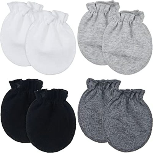 4 Pairs Newborn Baby Cotton Mittens No Scratch Gloves Newborn Mittens for 0-6 Months Baby (White, Light Gray, Gray, Black)