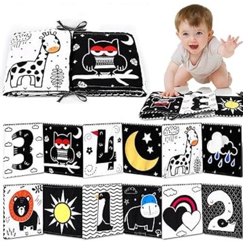 Newborn Toys Black and White High Contrast Baby Toys for 0-6, 6-12 Months, Early Education Baby Book with Numbers, Weather and Animals Signs, Tummy Time Toys, Baby Registry Search Gifts