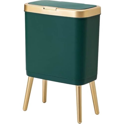Procade Trash Can with Lid,Small Bathroom Garbage Can with Lid, Plastic Trash Can with Push Button,Narrow Waste Basket for Bedroom,Living Room, Toilet,Office,Kitchen,4 Gal-Gold Edge