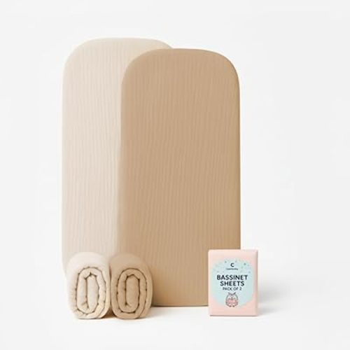 Bassinet Sheets 33x17 Inches 2 Pack Light Brown & Beige Neutral Bassinet Sheets Boy/Girl, Soft Fitted Bassinet Sheet for Oval & Rectangle Mattress, Stay Snug Design, Gentle, Breathable