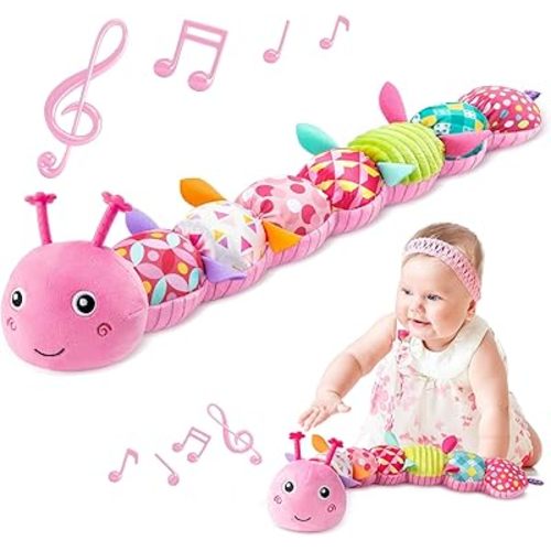 Sumobaby Infant Baby Musical Stuffed Animal Toys for 0-3-6-12 Months,Multi Sensory Toys with Crinkle and Rattles, Tummy Time Toys for Newborn Boys Girls, Caterpillar, Pink