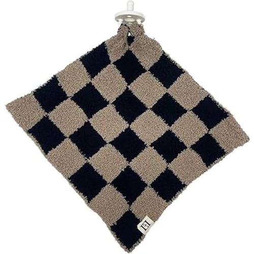 Checkered Baby Lovey Pacifier Holder 10"x10" - Cuddly Soft Knitted Reversible Mini Comfort Security Blanket - Newborn Gift Essential for Babies Boys and Girls (Black/Brown)