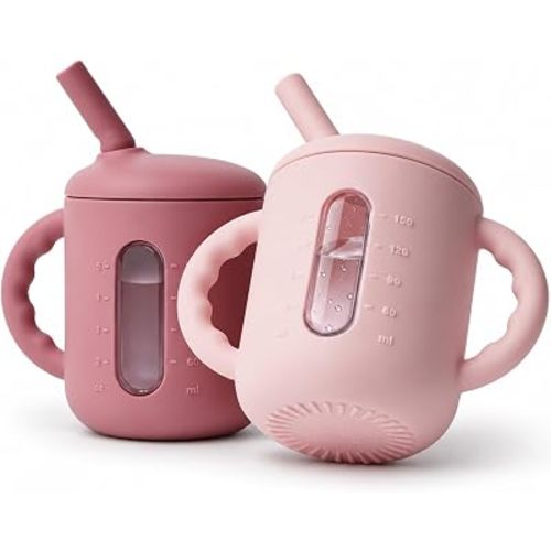 Seposeve 2 Pack Silicone Sippy Cups for Babies 6+ Months, 6 oz Straw Training Cups with Handles, Leak-Resistant Bite-to-Sip Valve, Liquid Level Window, BPA-Free, Purple Pink