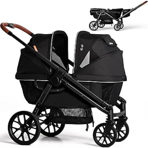 Wagon Stroller for 2 Kids, All-Terrain with Removable UV-Protection Canopy, Adjustable Push/Pull Handle, Snack Tray & Cup Holders, Perfect for Baby and Toddler (Black)