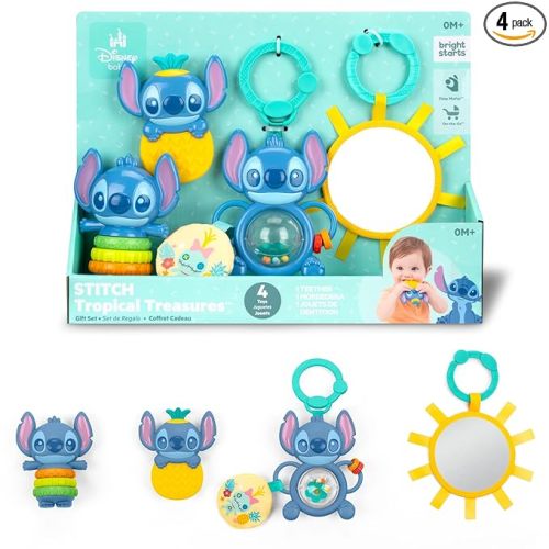 Bright Starts Disney Baby Stitch Tropical Treasures Gift Set with 4 Stitch Inspired Toys Including Baby-Safe Mirror and Teether, Newborns & Up