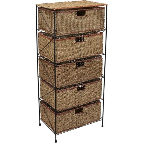 Household Essentials 5 Drawer Seagrass Wicker Storage Unit, Rattan Storage Tower with Protective Coating, Strong Metal Frame, Spacious and, Rustic Modern Design, Handwoven, Natural
