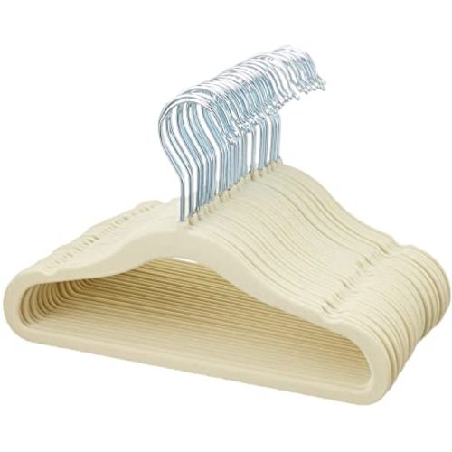 Amazon Basics Kids Velvet Non-Slip Clothes Hangers, Beige - Pack of 30