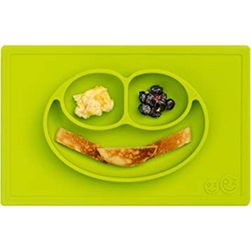 ez pz Happy Mat (Lime) New Version - 100% Silicone Suction Plate with Built-in Placemat for Toddlers + Preschoolers - Divided Plate - Dishwasher Safe, 14x9x1 Inch (Pack of 1)