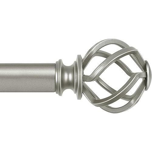 KAMANINA Antique Silver Curtain Rod 32 to 58 inch(2.6-4.8ft), 1 inch Adjustable Single Curtain Rods for Windows 28 to 48 inch, Decorative Drapery Rod with Twisted Cage Ends