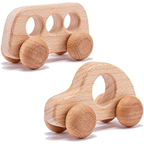 Promise Babe Organic Wooden Baby Push Toys Fine Motor Development Sensory Skills Toy Montessori Grasping Toy 2pc Wood Car Rattles