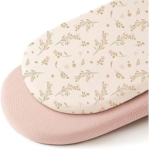 Muslin Bassinet Sheets for Baby Girl Boy, 2 Pack Soft Breathable Baby Bassinet Mattress Sheets Fit for Hourglass Oval Cradle, Moses Basket Rectangle Mattress (Floral, Pink)