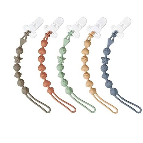 PandaEar 5 Pack Silicone Pacifier Clips, Pacifier Holder with One Piece Design for Baby Boys & Girls, Teething Toys Teethers