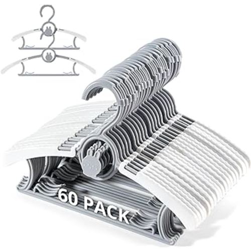 Kids Hangers, Extendable & Stackable Baby Hangers, 60PCS Grey Toddler Hangers for Baby Toddler Children Kids Teen, 11 14Inch Non-Slip Plastic Kid Hangers, Baby Clothes Hangers