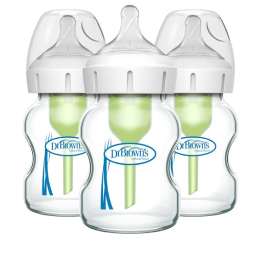 Dr. Brown's Natural Flow Anti-Colic Options+ Wide-Neck Glass Baby Bottles 5 oz/150 mL, with Level 1 Slow Flow Nipple, 3 Pack, 0m+