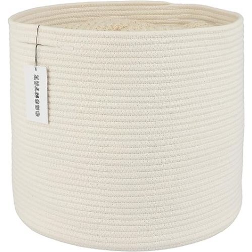 Cotton Rope Basket For Girls Boys Kids 16”X14” Baby Laundry Basket Nursery Bin Round Woven Basket Organizer For Storage Toys Blankets Shoes Clothes white