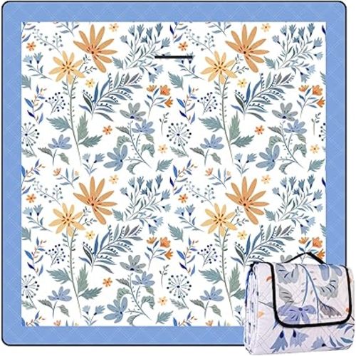 Picnic Blankets 79"x79" Extra Large Outdoor Blanket Beach Blanket Waterproof SandProof Picnic Mat Washable Foldable Portable for Grass Lawn Beach Camping (White with Flowers)