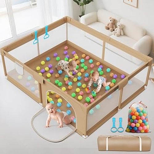 Large Baby Playpen 71x59 Inch Play Pen Playards,Playpen for Babies and Toddlers with 50 Ocean Balls &2 Handles-Sturdy Safety Baby Fence Play Area with Soft Breathable Mesh,Khaki