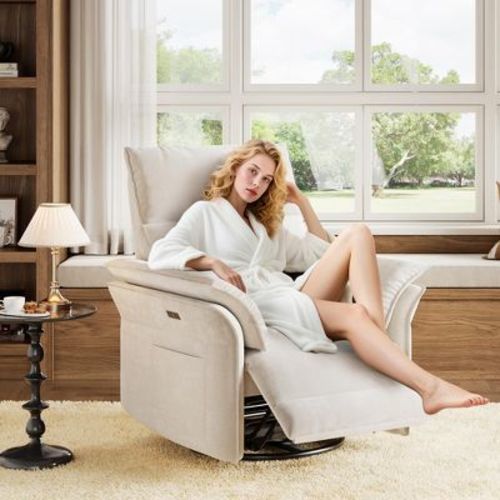 Power Recliner Chair with 270°Swivel & USB Port - Chenille Rocking Glider with Double-Layer Armrests for Nursery & Living Room
