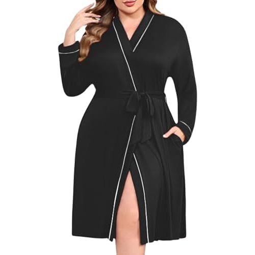 Ekouaer Plus Size Robes for Women Lightweight Bathrobe V Neck Kimono Loungewear Soft Maternity Robes with Pockets 1X-5X