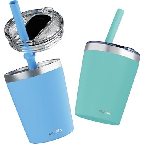 CUPKIN Toddler Cups with Straws, The Original 8 oz Stackable Stainless Steel Baby Straw Cup, Set of 2 Kids Cups, Powder Coated Insulated Kids Tumblers, No BPA Lids + Silicone Straws (Blue + Green)