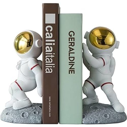 Space Theme Bookends for Shelves, Astronaut Moon Book Ends for Kids Room, Decorative Planet Book Stoppers to Hold Books Heavy Duty, Unique Boys and Girls Gift (Gray)