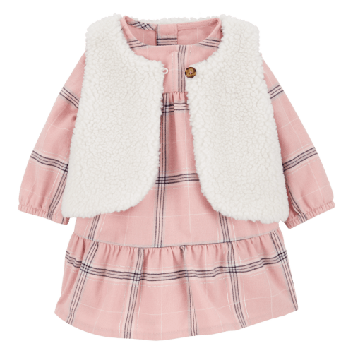 Pink/White Baby 2-Piece Plaid Dress & Sherpa Vest Set | Carter’s Oshkosh Canada