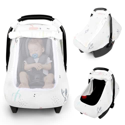 Muslin Baby Car Seat Cover for Boys Girls, Infant Carseat Canopy with Breathable Mesh Peep Window, Summer Lightweight Sunshade Carrier Cover for Newborn, Cacti