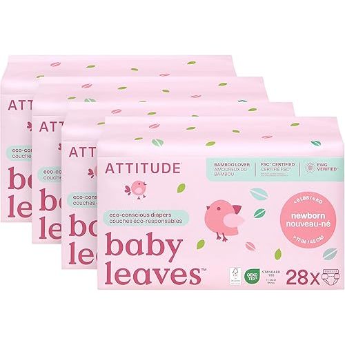 ATTITUDE EWG Verified Diapers, Size 1/Newborn, 28 Count (Pack of 4)