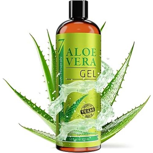 Seven Minerals Organic Aloe Vera Gel from freshly cut 100% Pure Aloe - Big 12oz - HighestQuality, Texas grown, Vegan, Unscented - For Face, Skin, Hair, Sunburn relief