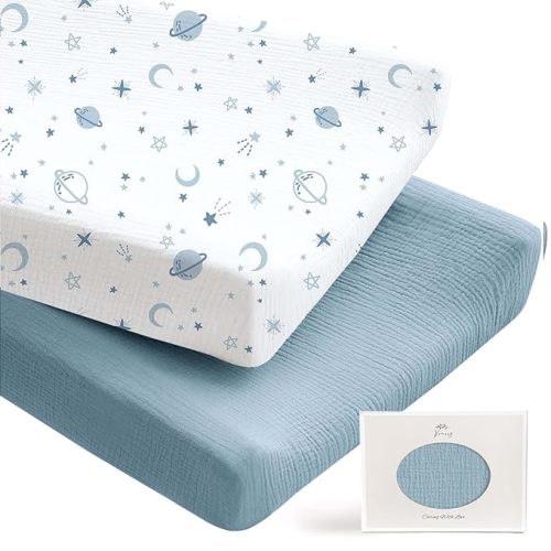 Konssy 2 Pack Muslin Changing Pad Covers for Boys, Ultra Soft & Breathable Cotton Baby Diaper Changing Table Covers, Neutral Nursery Diaper Changing Pad Sheets (Star,Blue)