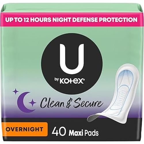 U by Kotex Maxi Pads with Wings, Clean & Secure, Overnight Absorbency, 40 Count (Packaging May Vary)