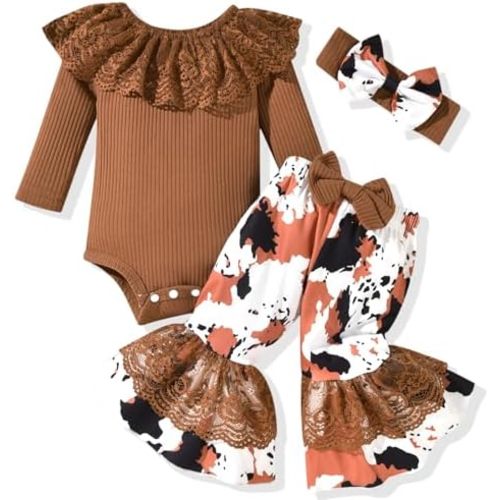 HINTINA Newborn Baby Girl Short Sleeve Bodysuit Flared Pants Ribbed Outfits