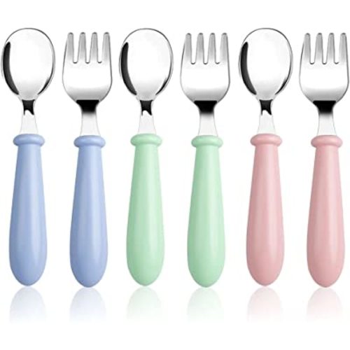 Pimoys 6 Pieces Toddler Utensils Kids Silverware Baby Forks and Spoons Set, Stainless Steel Childrens Safe Flatware Metal Kids Cutlery Set with Round Handle, Dishwasher Safe