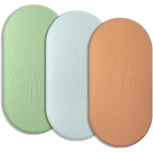 Soft Muslin Bassinet Sheets 32" x 18", Baby Bassinet Mattress Fitted Cover, Fit for Halo, Fisher Price, Delta, Graco, Oval Bassinet or Cradle, for Girl or Boy(Fog & Sage Green & Brown)