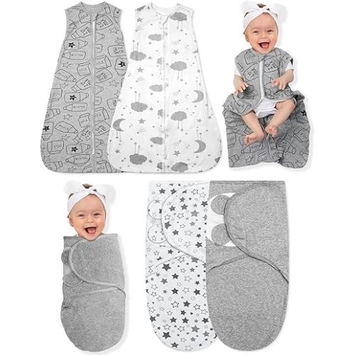 Ramede 4 Pack 0-3 Months Baby Swaddle Blanket Newborn Sacks Soft Cotton Sleep Swaddle Wearable for Baby Boy Girl Sleeping(Star,Grey)